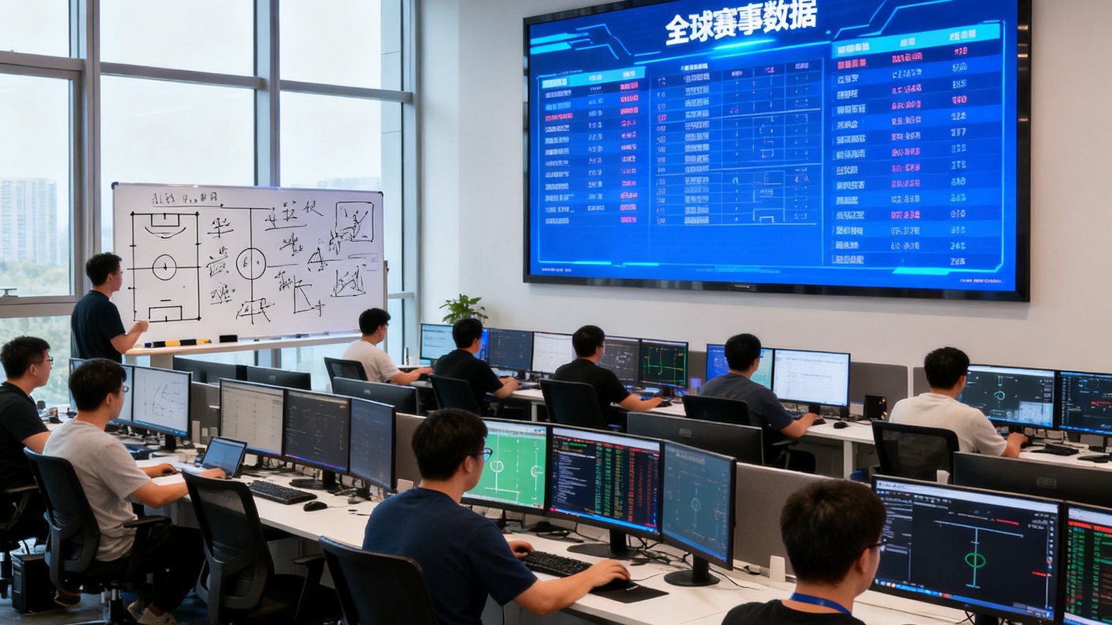 哈哈体育北京总部开放式办公区全景，二十余位数据工程师坐在双排显示器前工作，墙上悬挂着巨幅电子屏实时滚动全球赛事数据，靠窗的讨论区白板上画满了战术分析草图，自然光从落地窗洒入，营造出专注而充满活力的工作氛围。