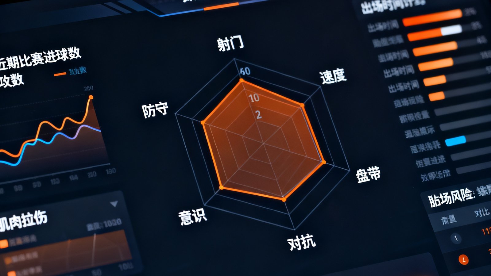 球员状态追踪仪表盘的特写视图，屏幕中央是雷达图展示一名前锋的六维能力评分，四周环绕着近期比赛数据曲线、伤病风险指示条和同位置球员对比排名表，暖橙色进度条醒目地标示关键指标。
